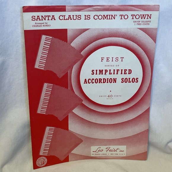 Santa Claus Is Comin' To Town Feist Simplified Accordion Solo 1940s Sheet Music - Picture 2 of 6